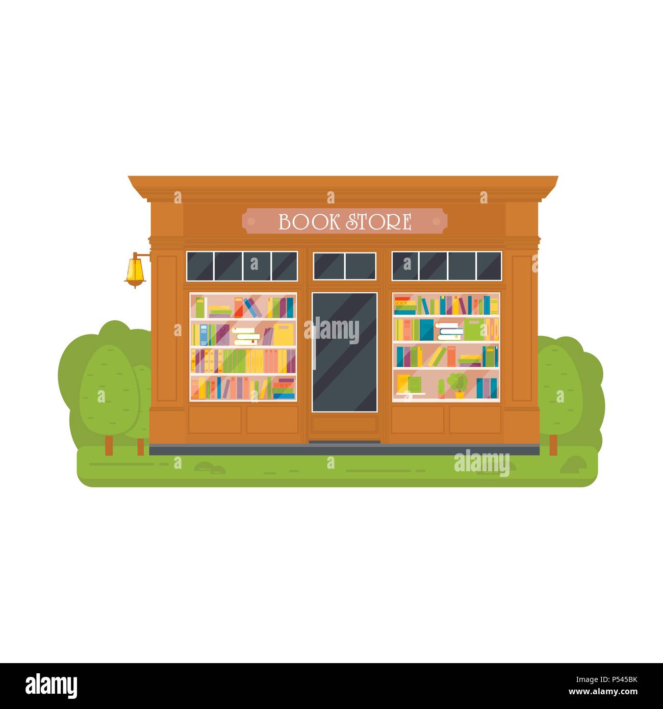 Vector flat design restaurants exterior and shop facade: book store ...