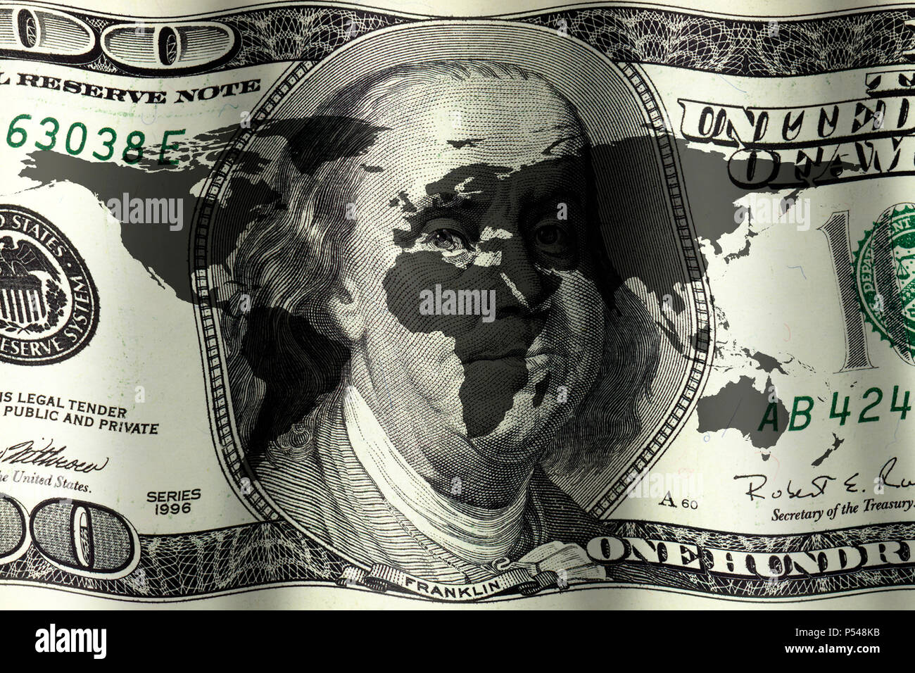 background image of us paper currency  and world map manipulation. NASA world map image layered and used; www.nasa.gov , https://www.flickr.com/photos Stock Photo