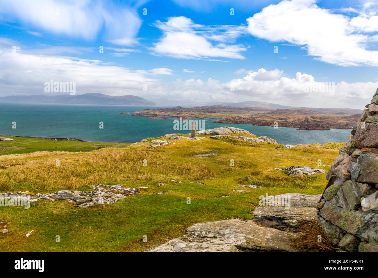 Looking NE at the hills of Mull from the summit cairn of Dun I (101m) the highest point on the Hebridean island of Iona, Argyll and Bute, Scotland, UK Stock Photo