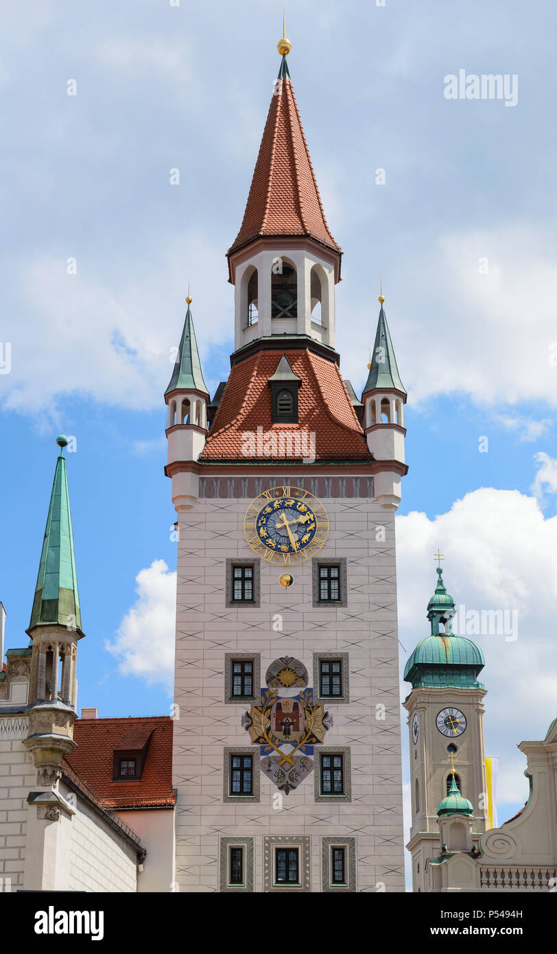 Belfry clock tower of Munich Old Town Hall municipal building on the central city square Marienplatz Stock Photo