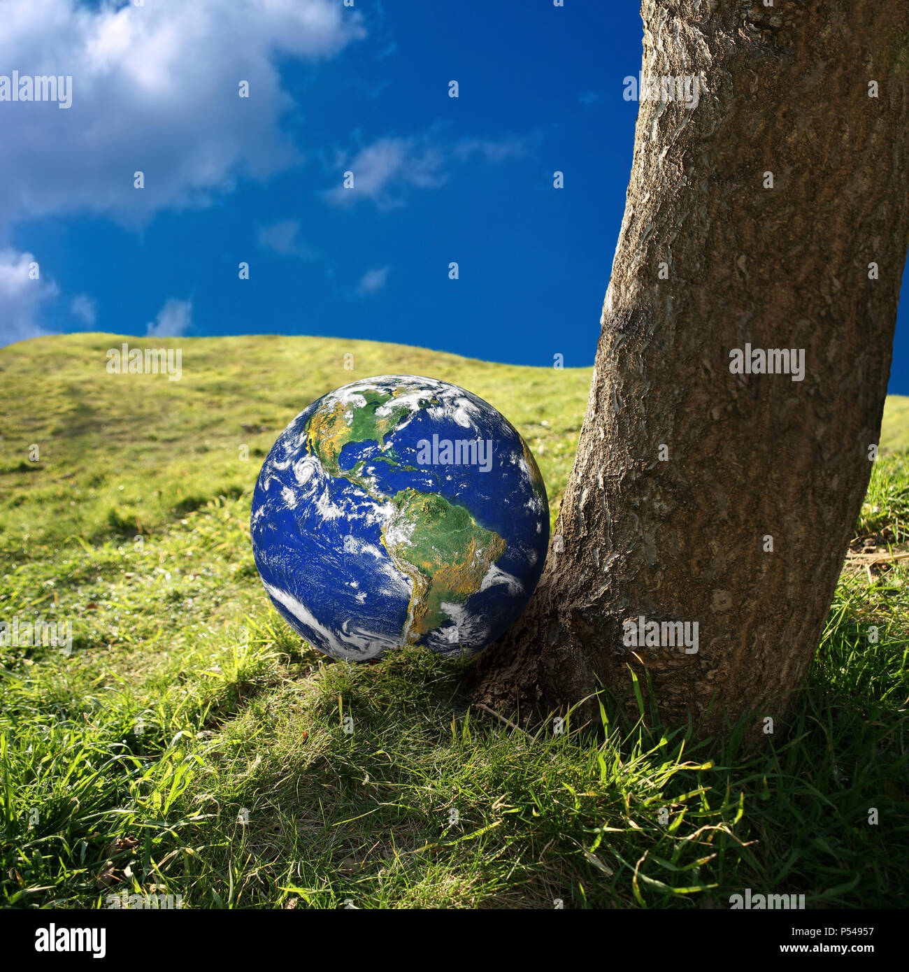 Normal World Landscape conceptual image of world on green landscape. NASA world map image ...