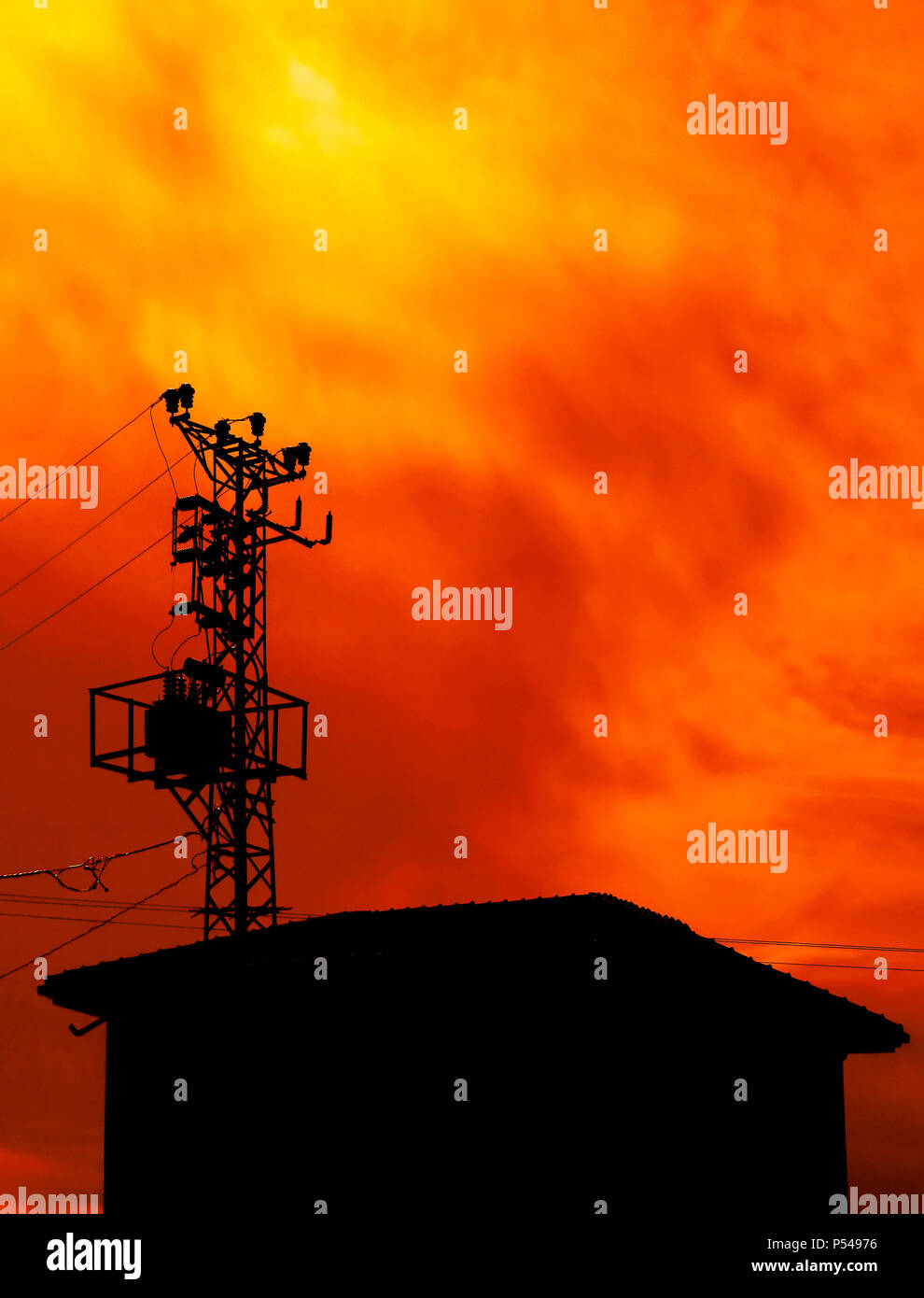 an image of a metal tower of Power Lines Stock Photo - Alamy