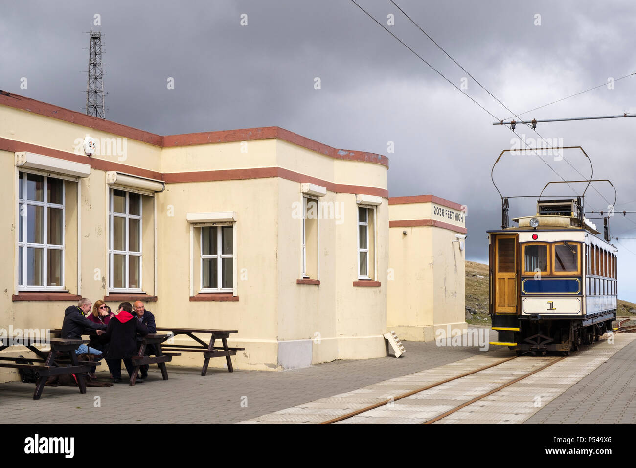 Snaefell Mountain Tramway electric railcar train carriage number 1, built 1895, at the summit station cafe. Laxey, Isle of Man, British Isles Stock Photo