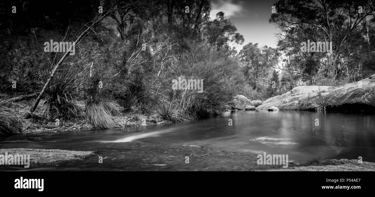 Black and White Neutral Density Shot of Water looking like Ice and Mist (Creek Bed, Megalong Valley, Blue Mountains, NSW, Australia) Stock Photo