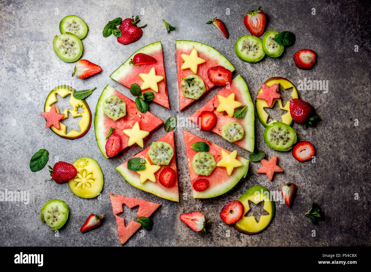Fruit Pizza Watermelon Mango Tuna And Berries Pizza Top View Stock Photo Alamy