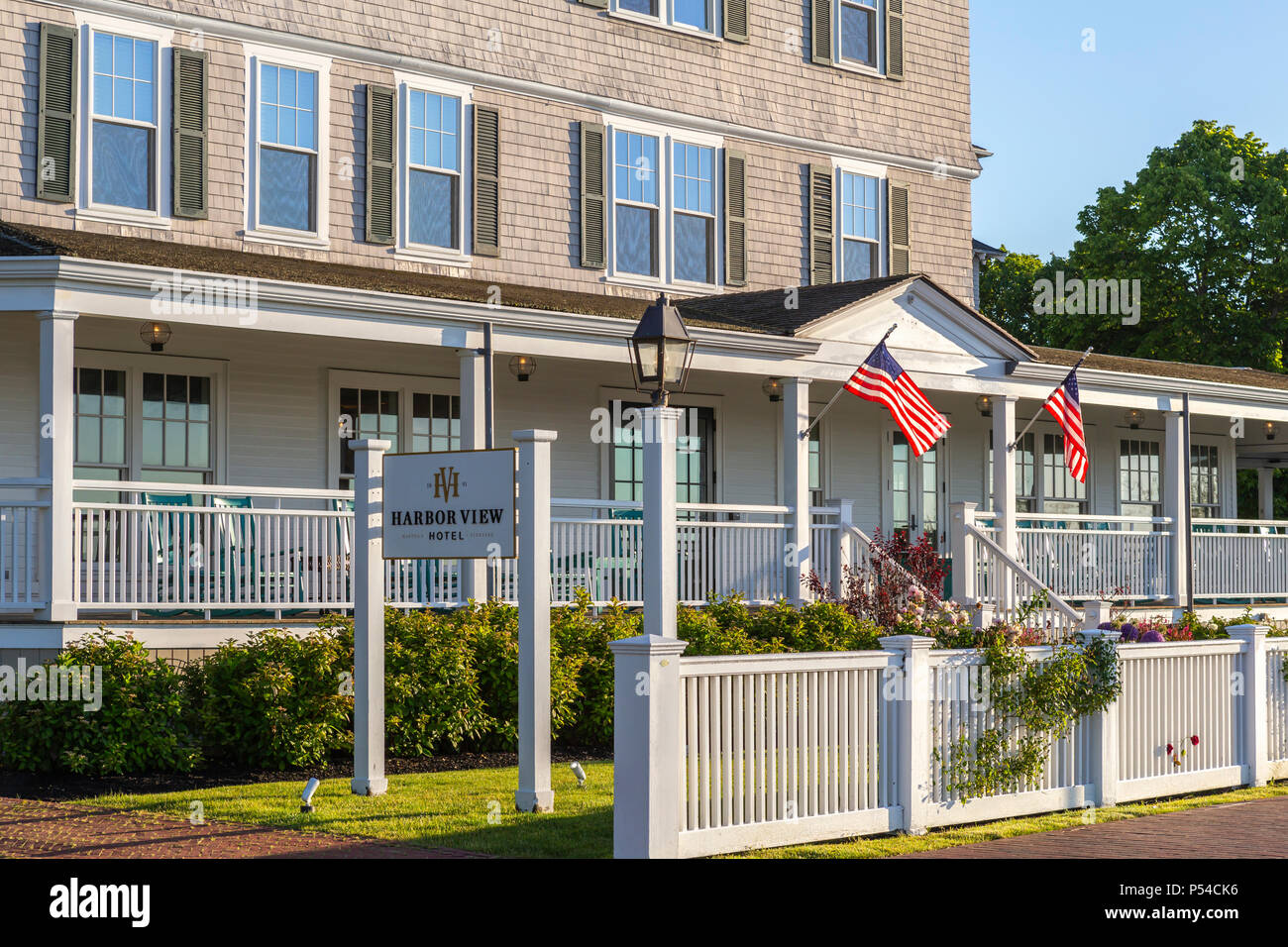The front entrance and veranda of the Harbor View hotel in Edgartown, Massachusetts on Martha's Vineyard. Stock Photo
