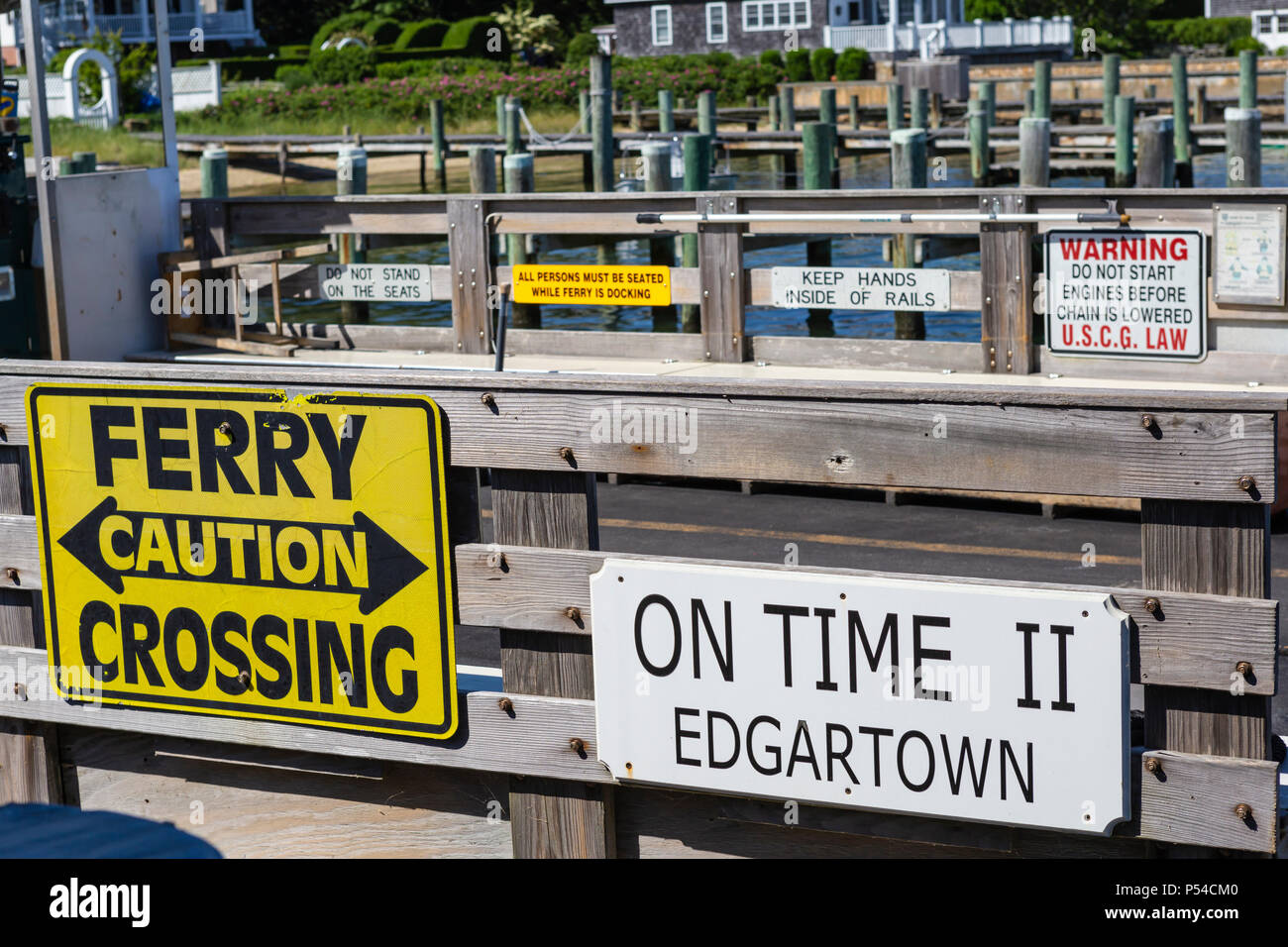 Various signs on the 'On Time' Chappy Ferry in Edgartown, Massachusetts on Martha's Vineyard. Stock Photo