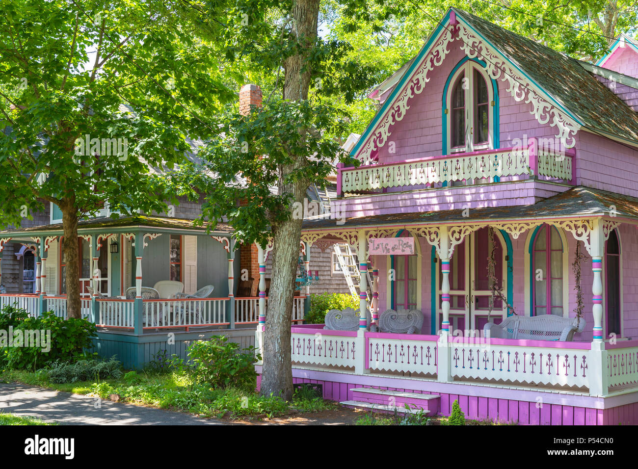 Colorful gingerbread cottages in the Martha's Vineyard Camp Meeting Association (MVCMA) in Oak Bluffs, Massachusetts. Stock Photo