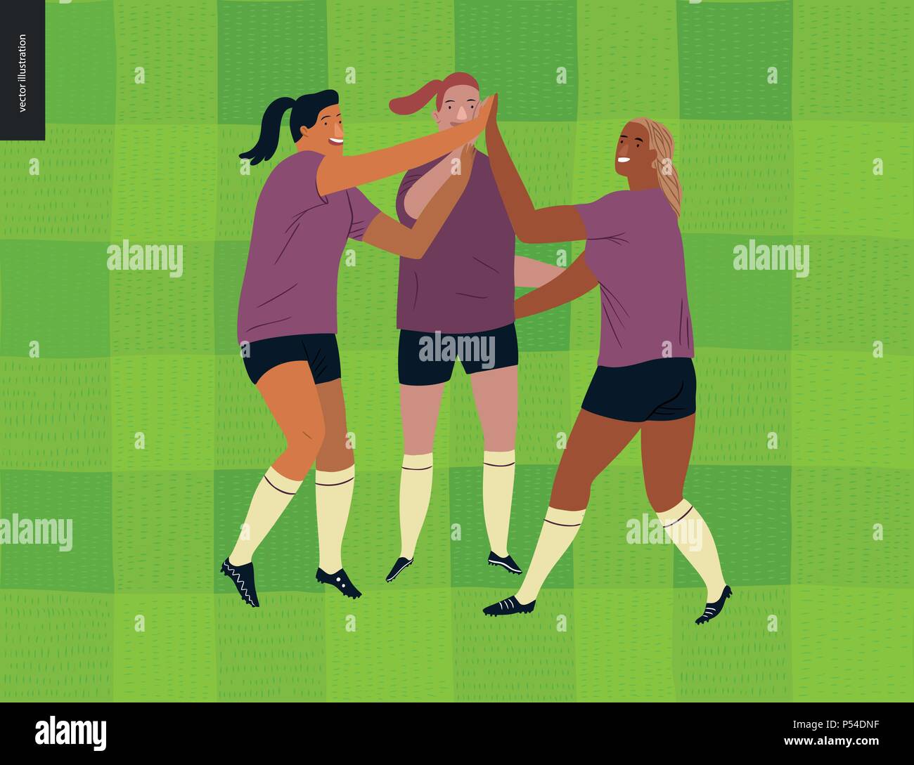 Womens European football, soccer players flat vector illustration of