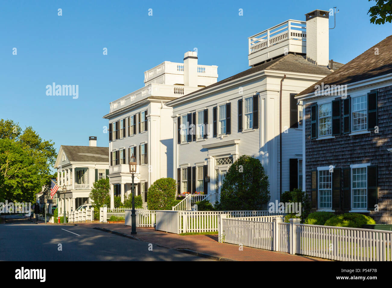 Stately white clapboard sea captains' homes along N Water Street in Edgartown, Massachusetts on Martha's Vineyard. Stock Photo