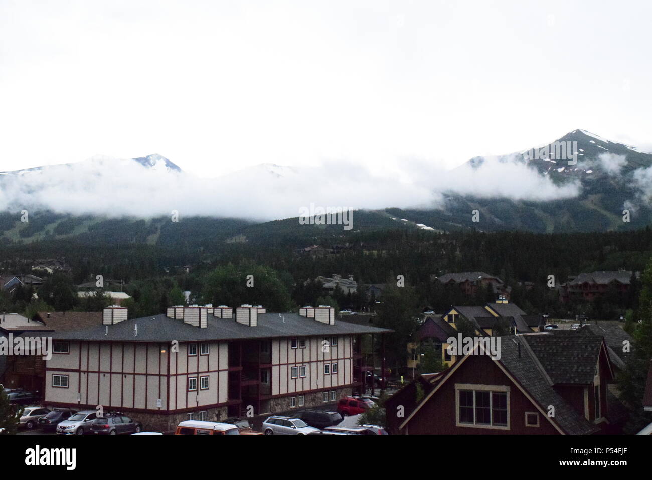 Clouds rolling over the town of Breckenridge in Summit County Colorado Stock Photo