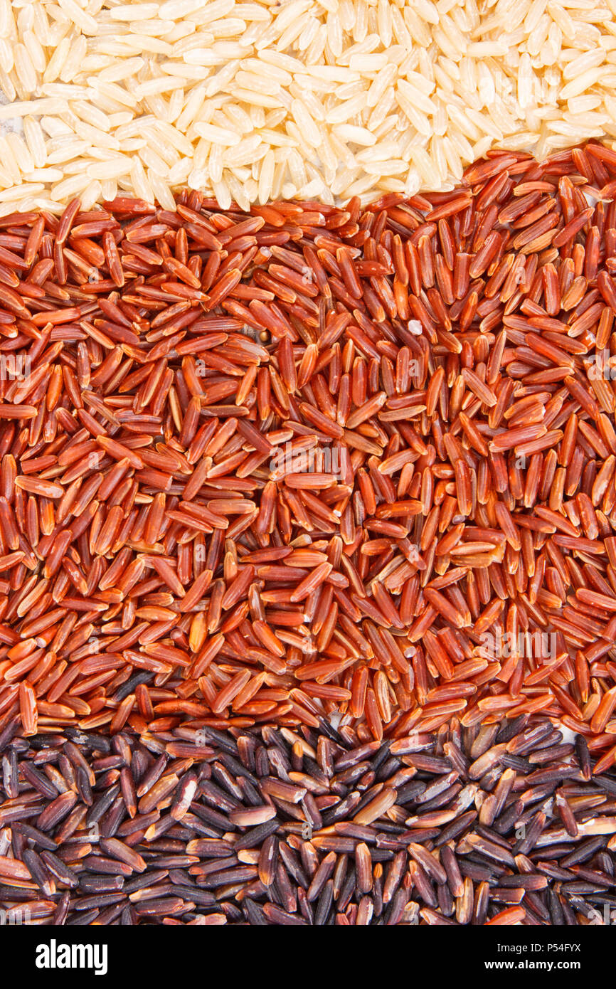 Brown, black and red rice as background, concept of healthy, gluten ...