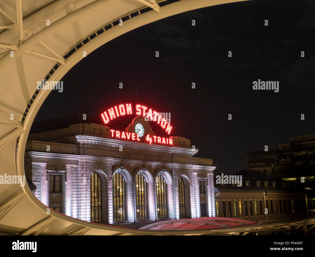 Night Shot of Denver Union Station Stock Photo