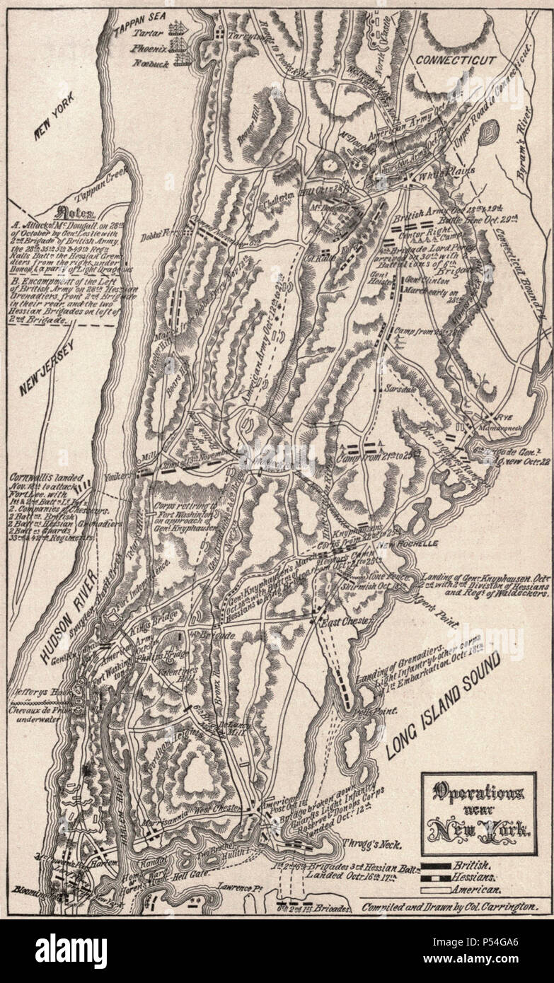 Map of Operations near New York, Harlem Heights and White Plains, during the American Revolution Stock Photo