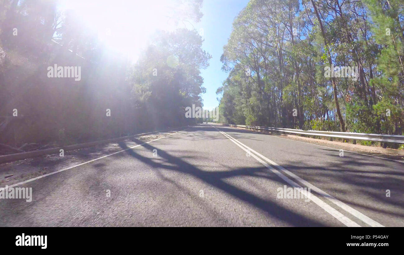 Vehicle POV, driving along Mount Lofty Summit Road, Adelaide Hills, South Australia, with lens flare through trees. Stock Photo