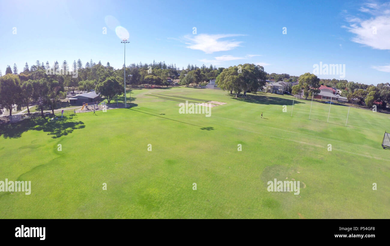 Drone footage of Australian public park and sports oval, taken at Henley Beach, South Australia. Stock Photo