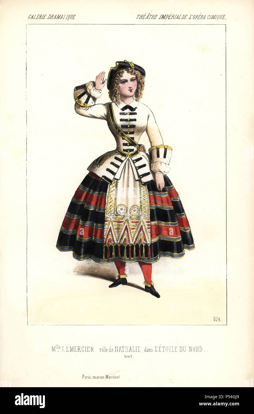 Soprano singer Marie-Charlotte Lemercier as Nathalie in 'L'Etoile du Nord' at the Opera Comique. She had a 'sweet and flexible voice,' but lacked the ladylike and graceful manners of her younger sister Mlle. Betty (or Beaussire). . Handcoloured lithograph by Alexandre Lacauchie from 'Galerie Dramatique: Costumes des Theatres de Paris' 1853. Stock Photo