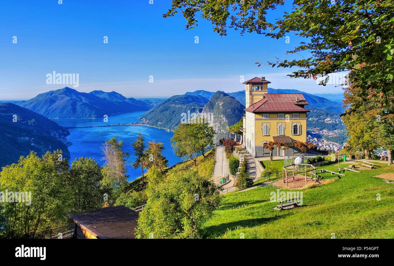 view from Monte Bre to Lake Lugano and Monte San Salvatore, Switzerland Stock Photo