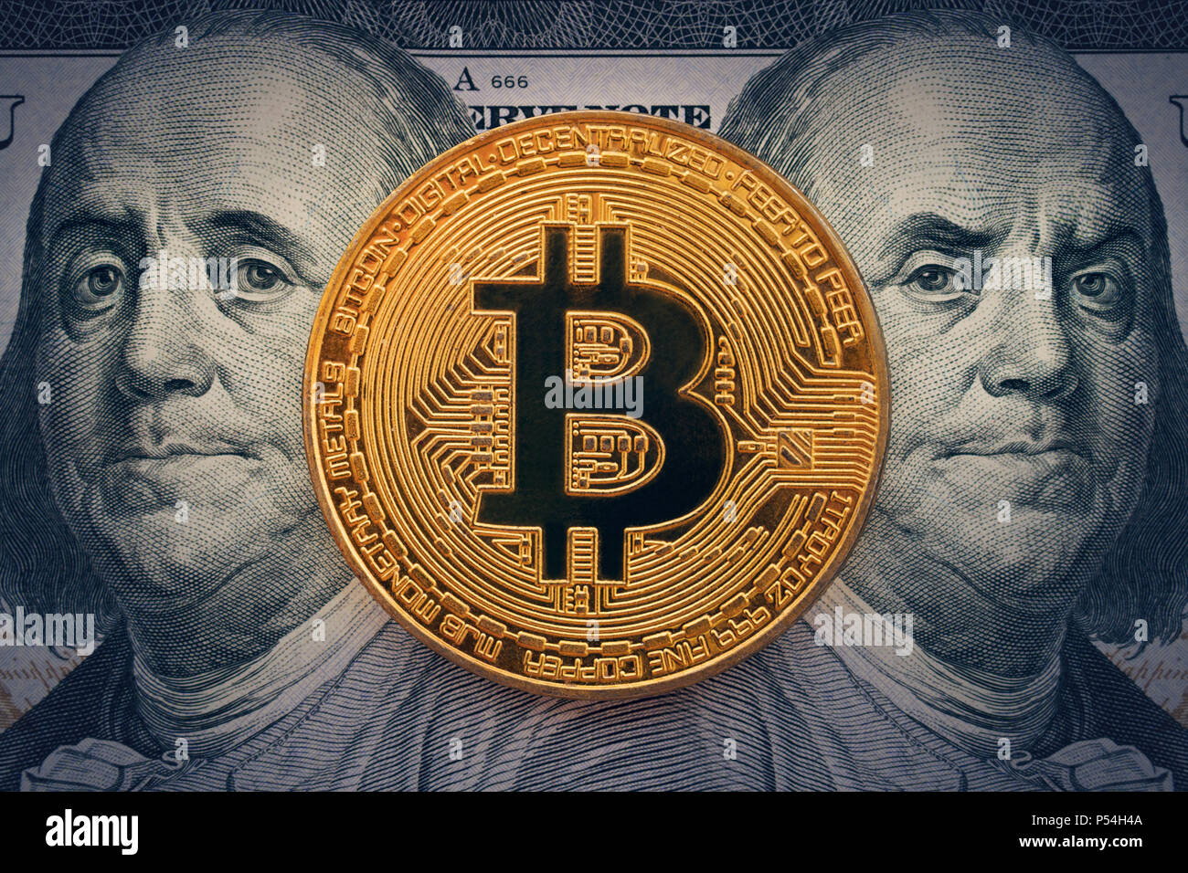 Cryptocurrency of the Bitcoin with Benjamin Franklin portrait from one  hundred american dollars. Business concept of worldwide cryptocurrency  Stock Photo - Alamy