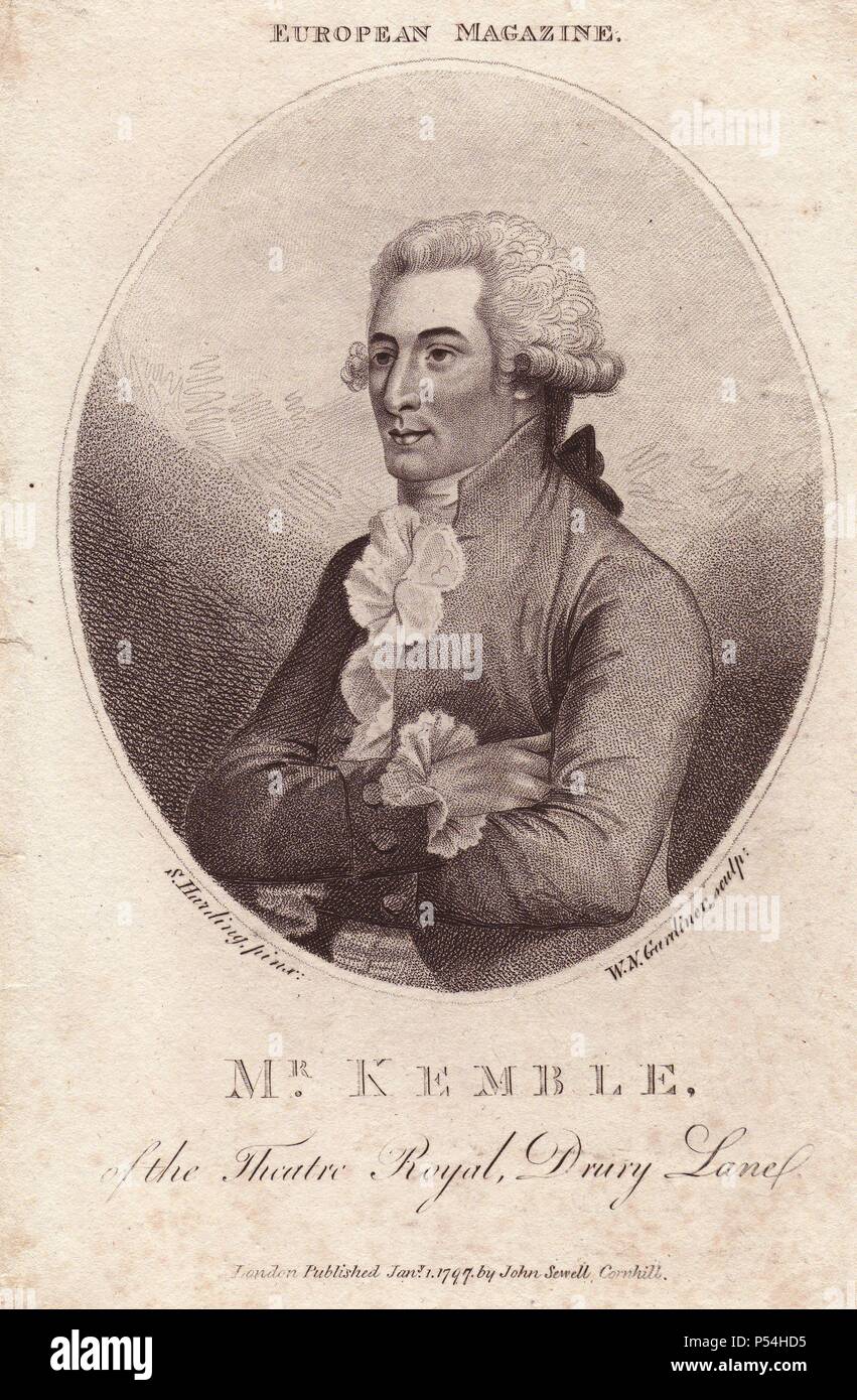 Mr. Charles Kemble (1775-1854), English actor, singer and composer. He was a regular performer at Drury Lane and Covent Garden for decades.. Portrait painted by S. Harding, engraved by W. N. Gardiner and published in the European Magazine 1797. Stock Photo