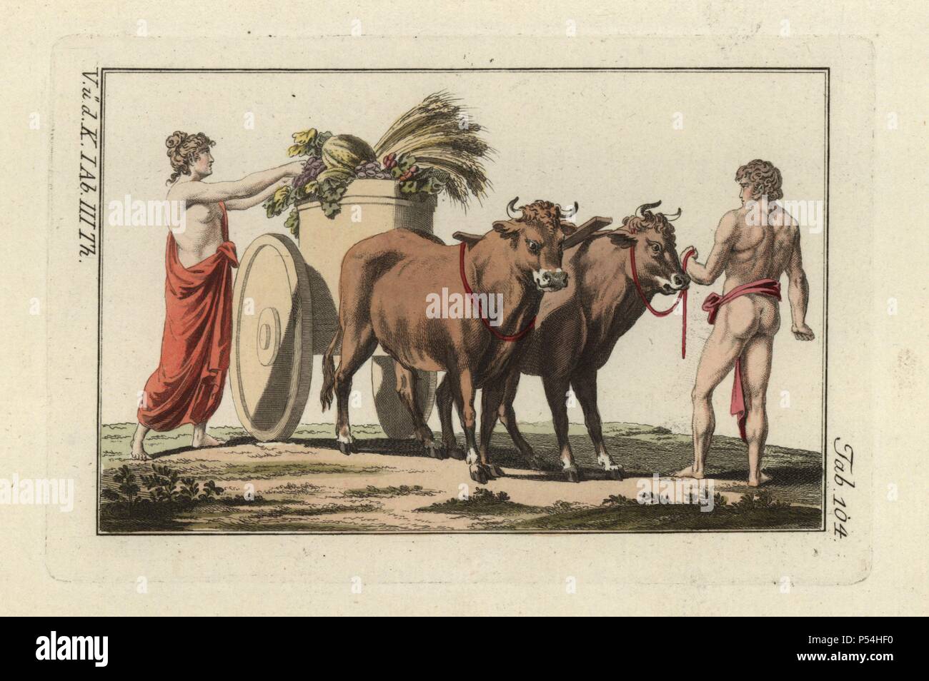 Woman loading wheat, melons and vegetables onto a Roman two-wheeled farm cart Plaustrum drawn by oxen. Handcolored copperplate engraving from Robert von Spalart's 'Historical Picture of the Costumes of the Principal People of Antiquity and of the Middle Ages' (1798). Stock Photo