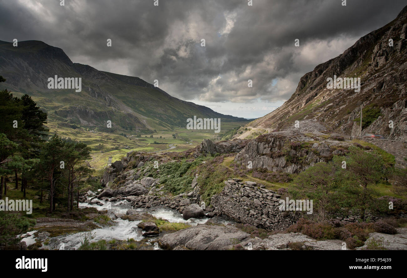 Nant Ffrancon valley in Snowdonia, North Wales under heavy clouds Stock Photo