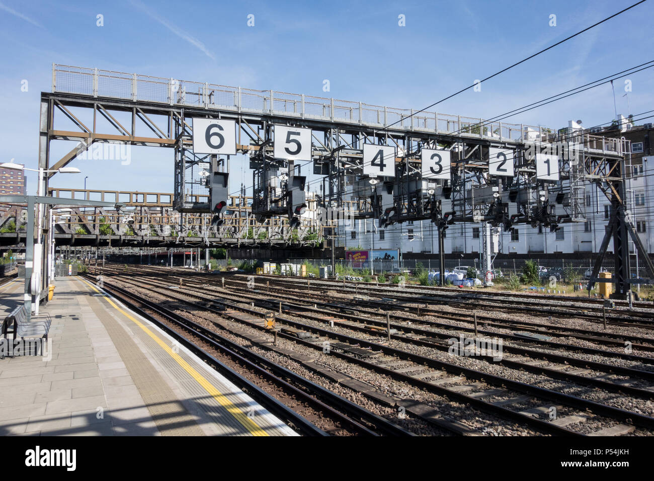 Royal Oak signalling gantry on approach to Paddington Station, London, UK Stock Photo