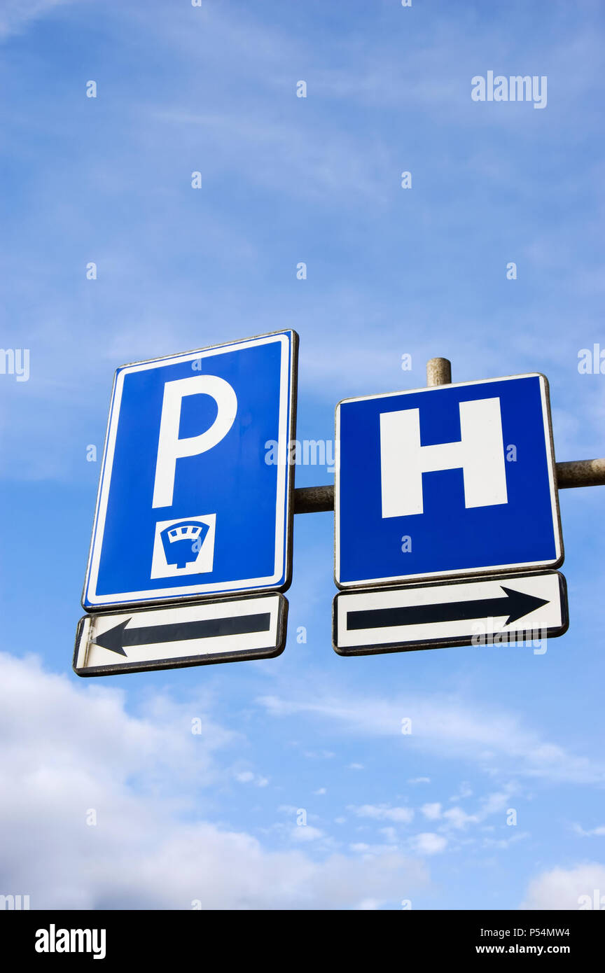 Traffic Sign for Hospital and Parking Stock Photo