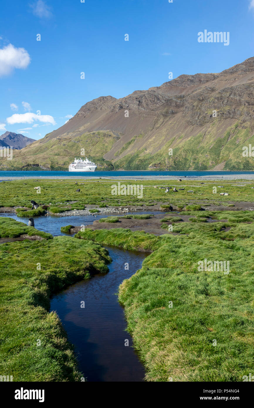 Natural stream at Stromness Whaling Station with Le Lyrial in the background, South Georgia Island Stock Photo