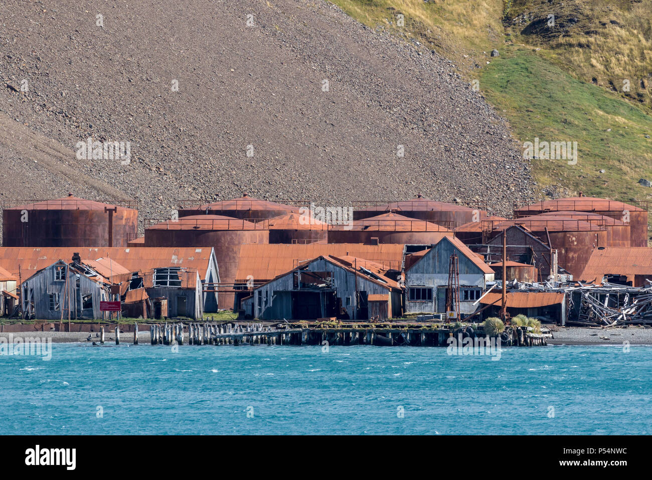 The derelict Stromness Whaling Station, South Georgia Island, British Overseas Territories Stock Photo