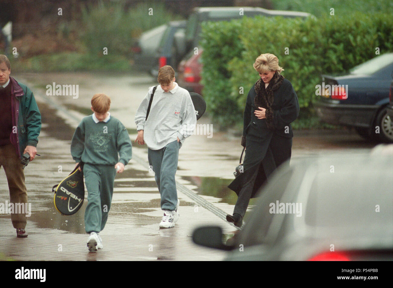 Princess Diana with her two sons Prince Harry (left) and Prince William (centre) at The Harbour Club in Chelsea, West London. Yesterday, (20th December 1995) it was reported that The Queen has urged Prince Charles and Princess Diana to divorce.  Picture taken 21st December 1995 Stock Photo