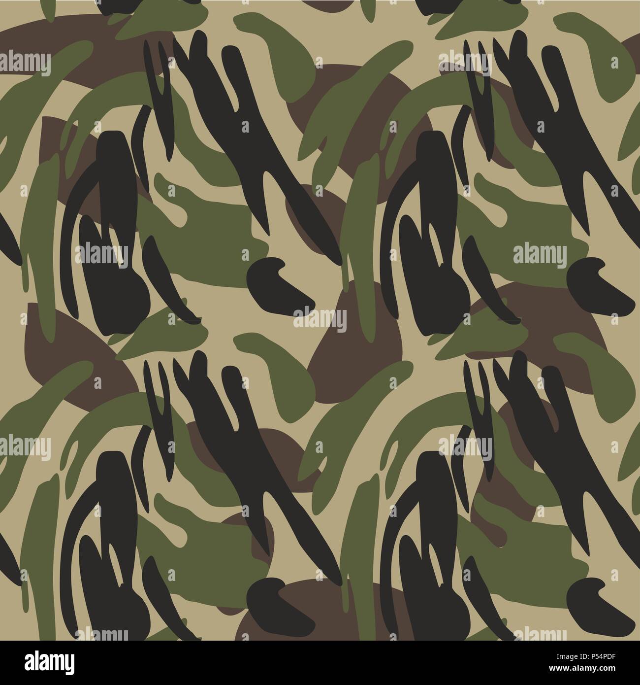 Camouflage pattern background seamless vector illustration. Classic military clothing style. Camo repeat texture shirt print. Green brown black olive  Stock Vector