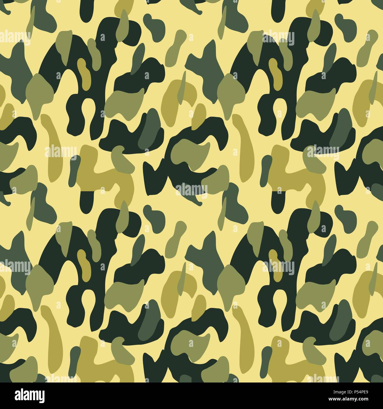 Camouflage pattern background seamless vector illustration. Classic military clothing style. Camo repeat texture shirt print. Khaki yellow black olive Stock Vector