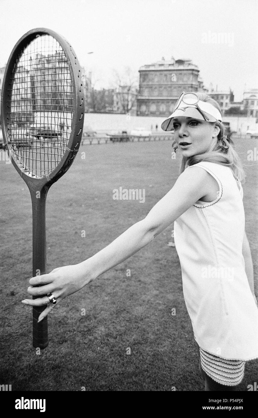 Ted Tinling designed 1967 Tennis Wear Fashion Collection, London, 5th January 1967. Our Picture Shows ... Shirley Osborne wearing Ted Tinling shift and striped bottoms in Dracron polyester fibre and cotton. Stock Photo