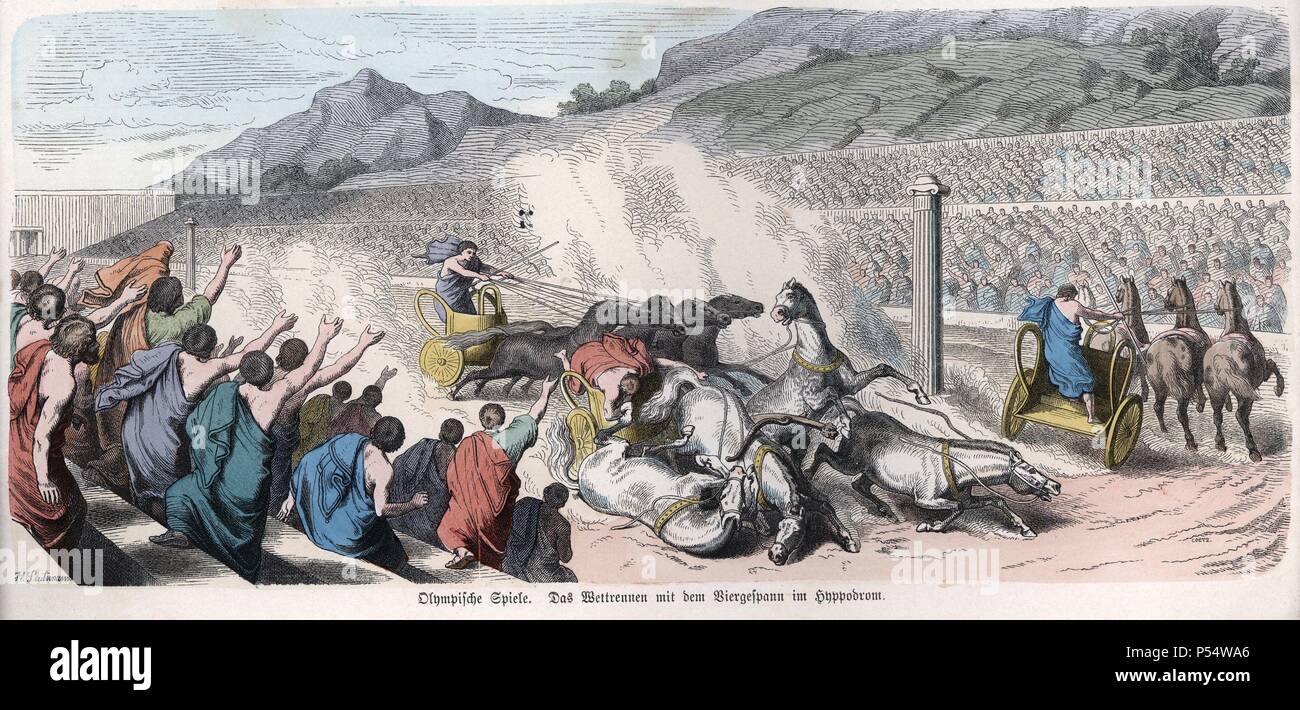 Historia Antigua. Grecia. Competiciones atléticas, carrera de cuádrigas en  el hipódromo. Grabado alemán de 1865 Stock Photo - Alamy