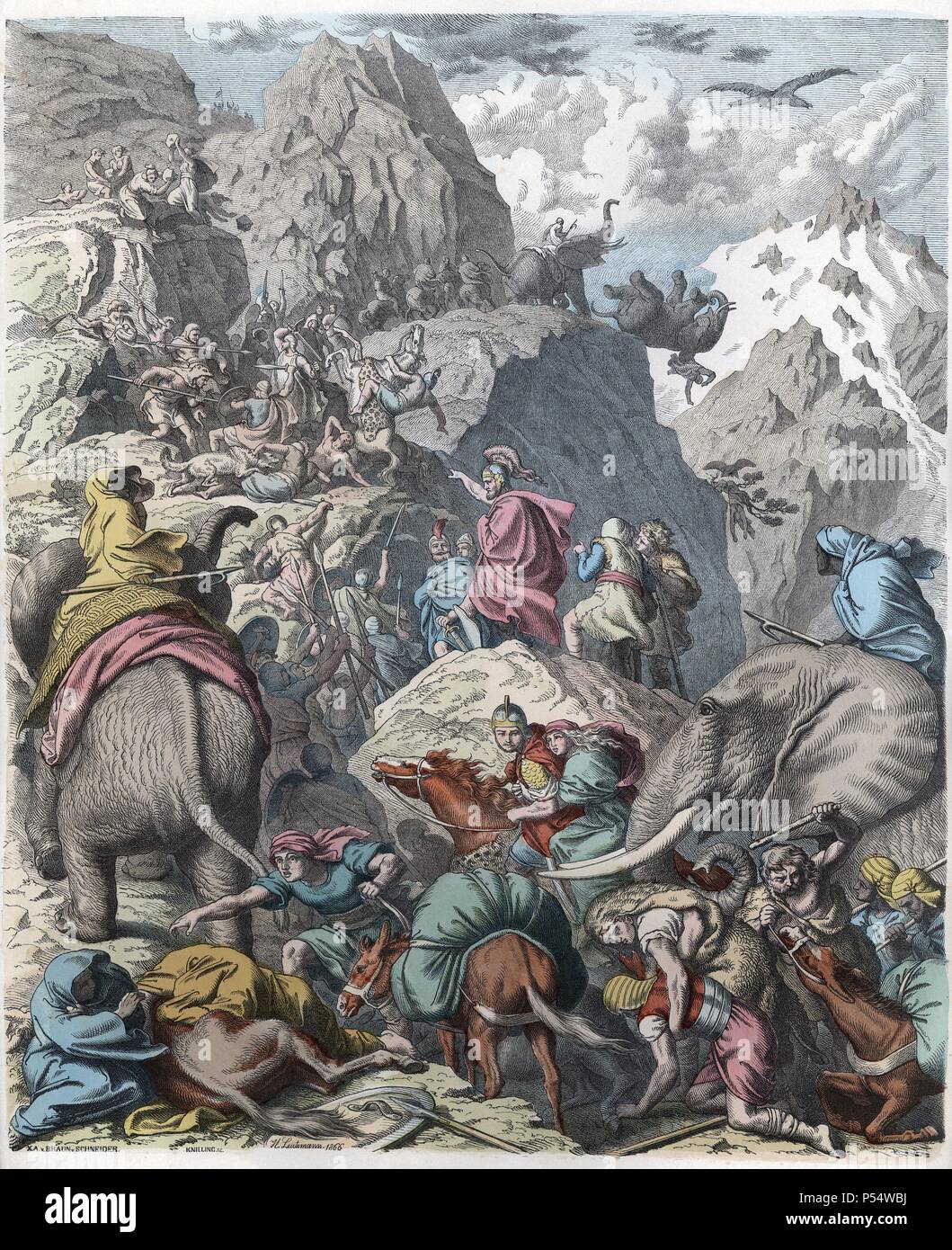 Historia Antigua. Cartago. Aníbal y su ejército pasando los Alpes hacia Italia. Grabado alemán de 1866. Stock Photo