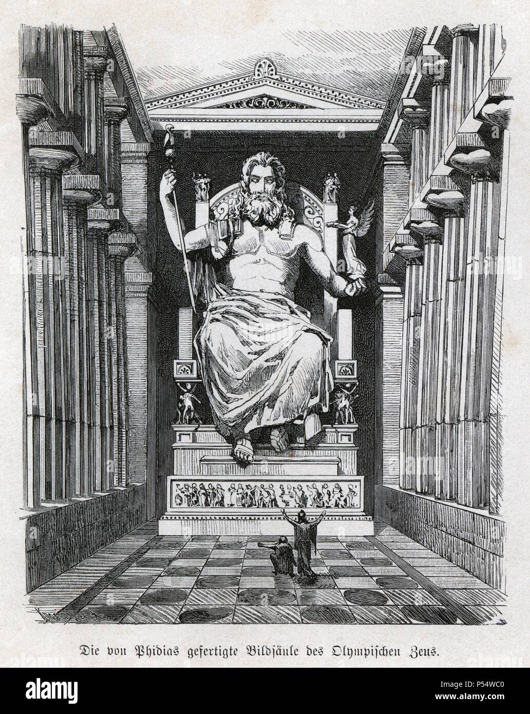Historia Antigua. Las siete maravillas del mundo antiguo. Estatua y templo de Zeus (Júpiter). Grabado alemán de 1886. Stock Photo
