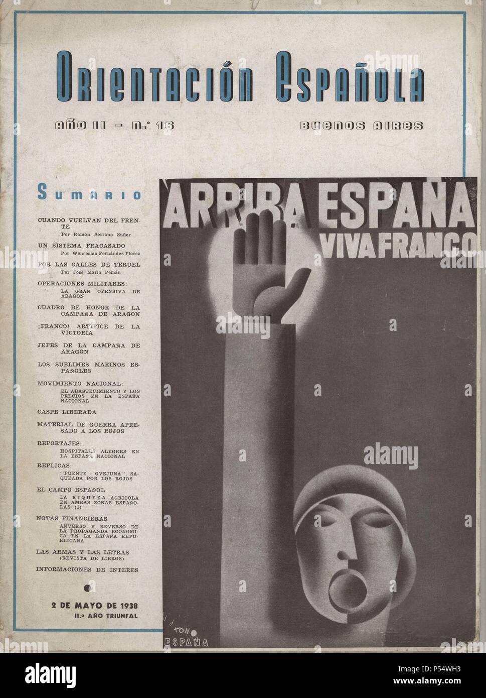 Portada de la revista Orientación Española, editada en Buenos Aires en mayo de 1938. Saludo fascista. Stock Photo