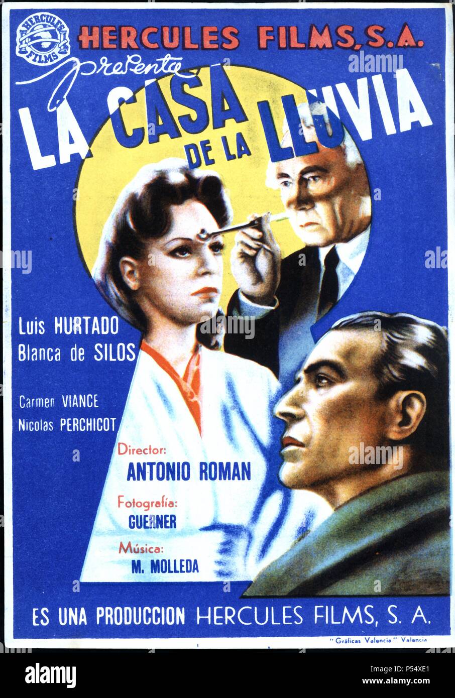 Cartel de la película 'La casa de la lluvia', con Luis Hurtado, Blanca de Siles. Dirigida por Antonio Román. Año 1943. Stock Photo