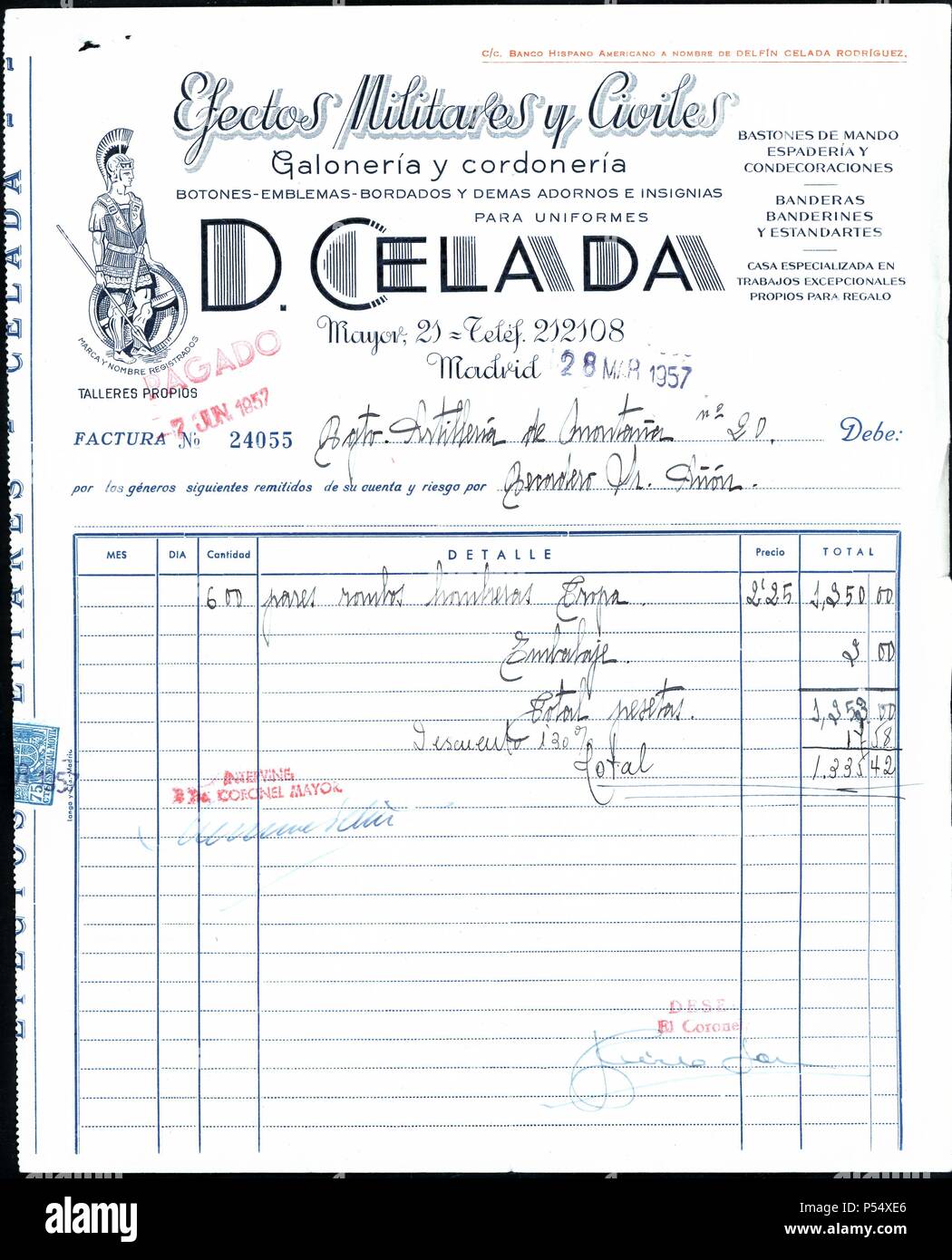 Factura del comercio de efectos militares y civiles, D. Celada, de Madrid.  Marzo de 1957 Stock Photo - Alamy
