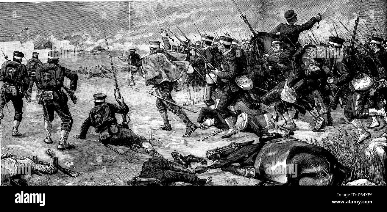 Primera guerra chino-japonesa. Asalto de los japoneses a la bayoneta en la batalla de Ping-yang. Grabado de 1895. Stock Photo