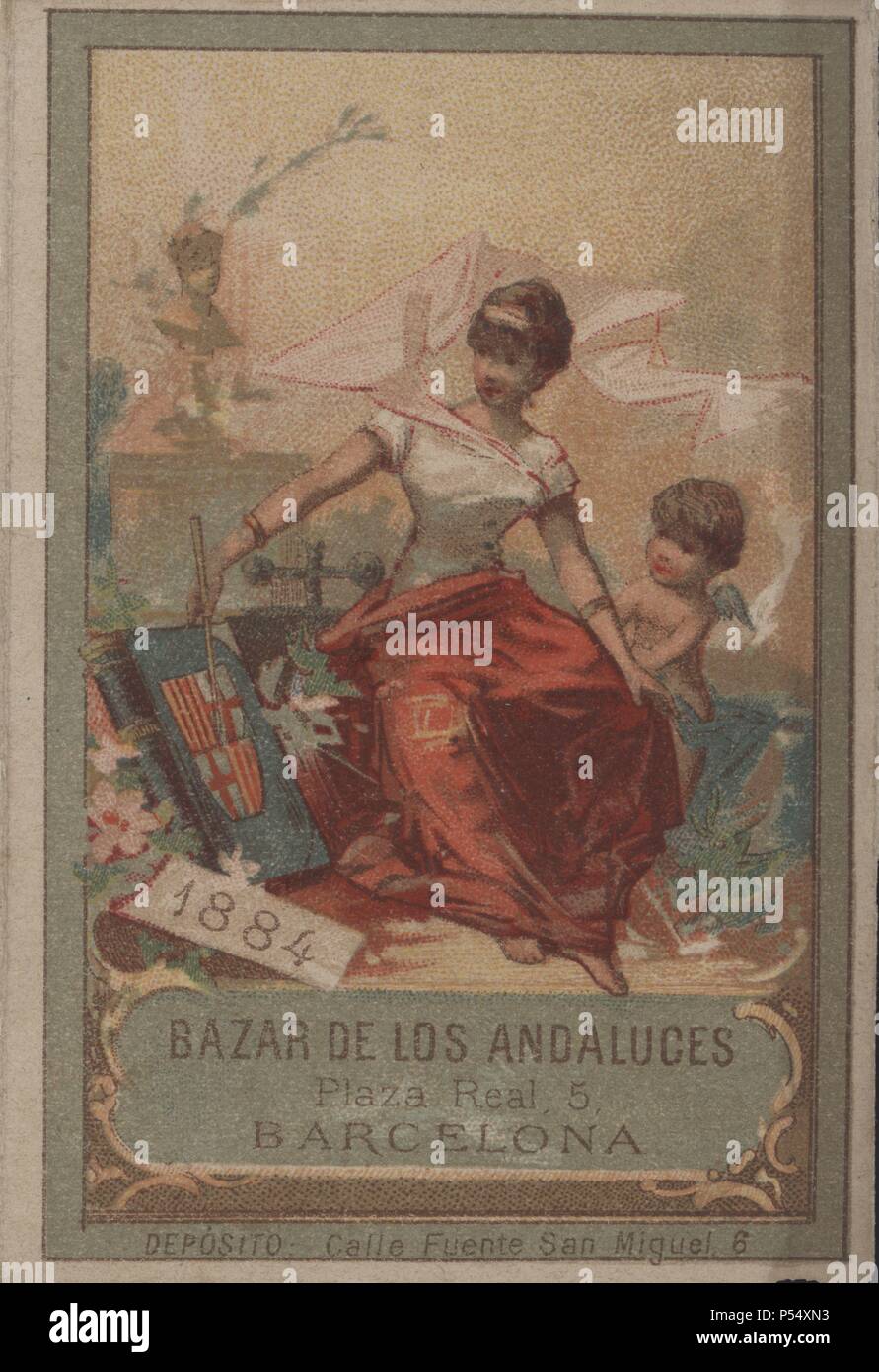 Publicidad. Bazar de los andaluces, en la plaza Real, de Barcelona. Año 1884. Stock Photo