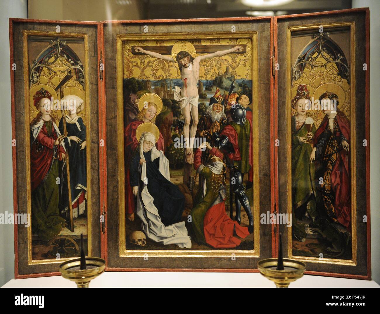 Crucifixion with Mary, Mary Magdalene and John under the cross, 1485. Triptych by Master of the Ilsung-Madonna. German Historical Museum. Berlin. Germany. Stock Photo