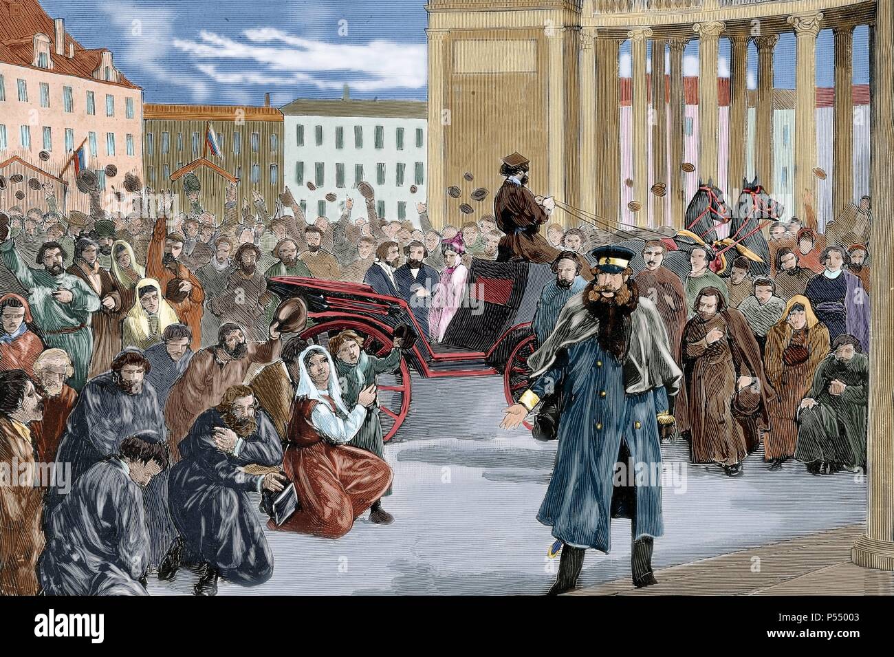 Russia. St. Petersburg. 19th century. Ovation of the people to the Czar in the portico of the Kasanski church after being the victim of an attack. Colored engraving. 'The Spanish and American Illustration,' 1879. Stock Photo