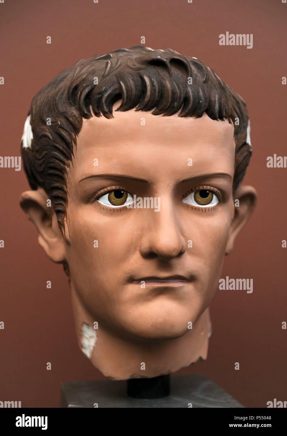 Caligua (Gaius Julius Caesar Augustus Germanicus). (12-41 AD). 3rd roman emperor. Julio-Claudian dynasty. Portrait head for Caligula. Modern reconstruction. Ny Carlsberg Glyptotek. Copenhagen, Denmark. Stock Photo