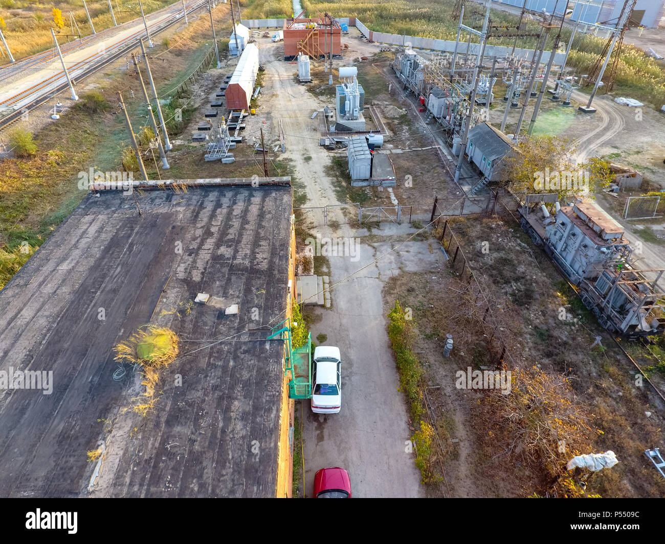 Construction of a transformer substation near the railway. Stock Photo