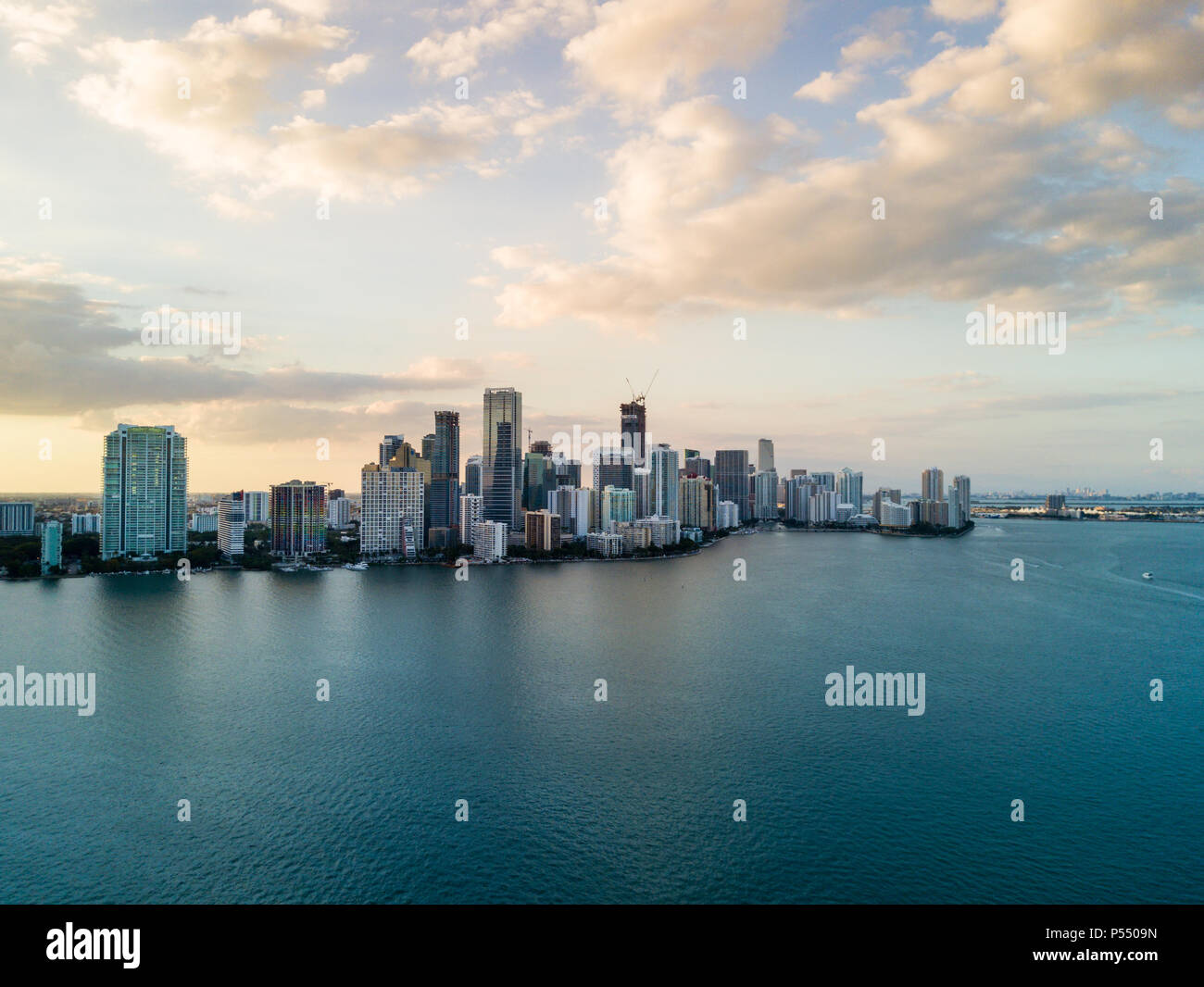 MIAMI, FLORIDA - CIRCA APRIL 2017: Aerial View of Biscayne Bay and Brickell from Key Biscayne in Miami Stock Photo