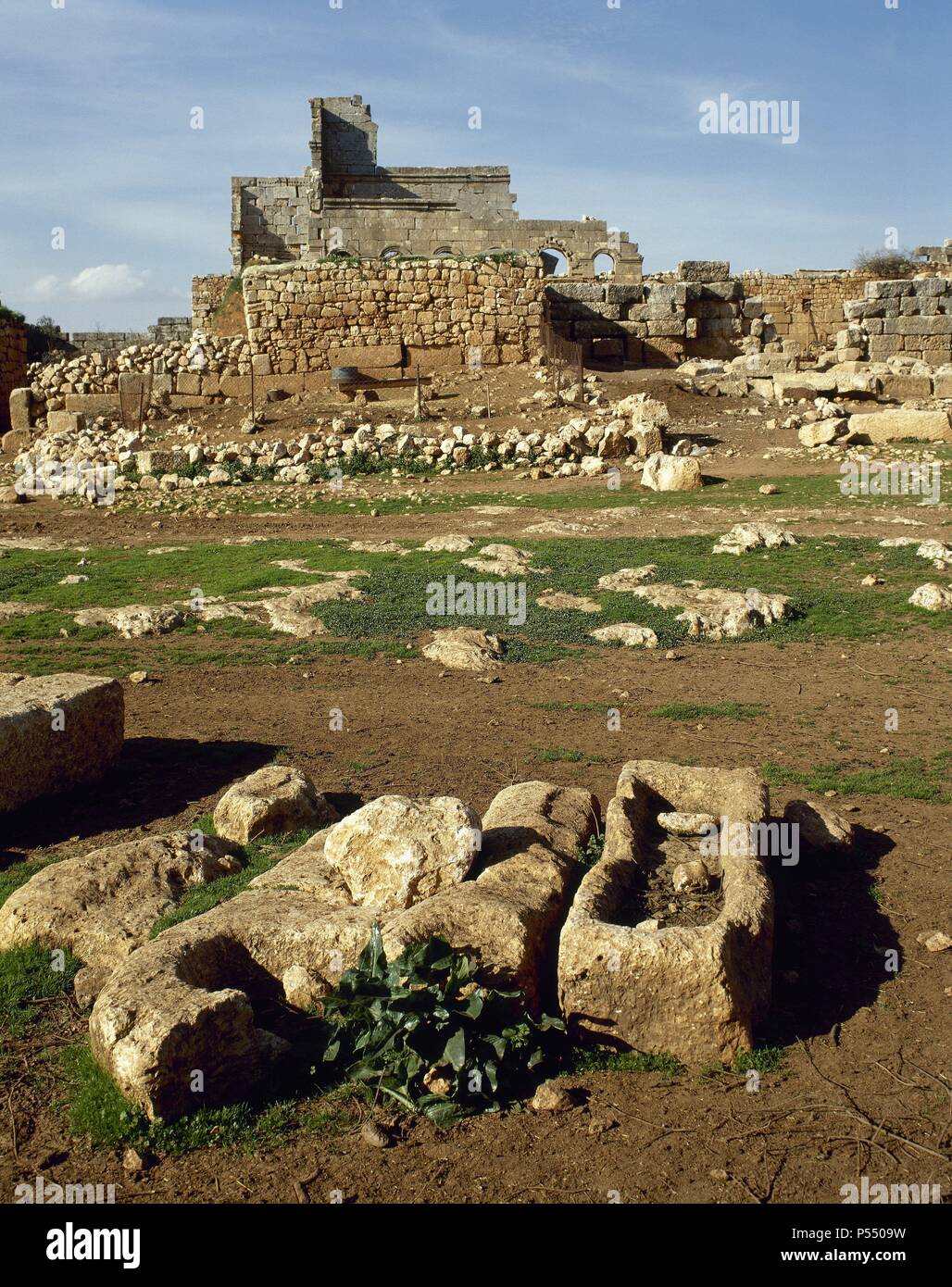 Syria. Rueiha. Dead Cities or Forgotten Cities. Northwest Syria. Roman Empire to Byzantine Christianity. 1st to 7th century, abandoned between 8th-10th centuries. Unesco World Heritage Site. Historical photography (before Civil War Syria). Stock Photo