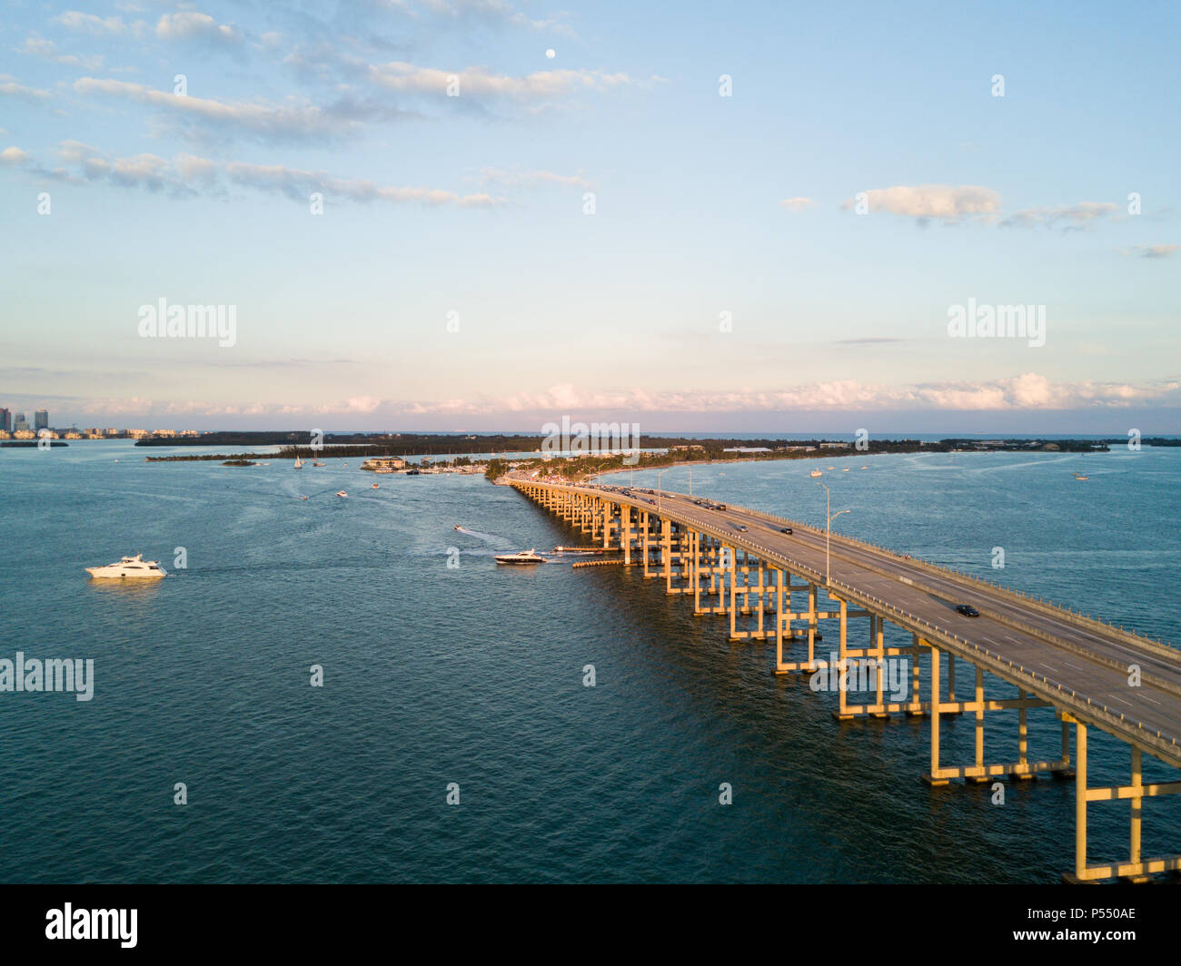 MIAMI, FLORIDA - CIRCA APRIL 2017: Aerial View of Rickenbacker Causeway Bridge in Miami Stock Photo