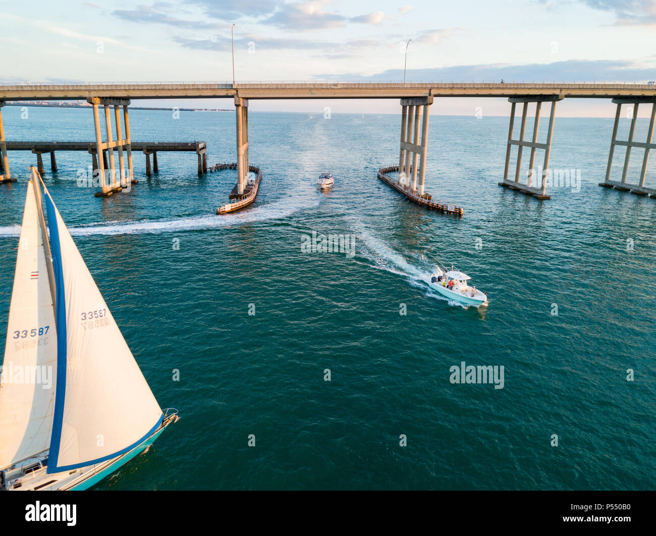 MIAMI, FLORIDA CIRCA APRIL 2017 Aerial view of motor and sail boats